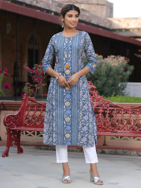 Women Blue Ethnic Motifs Printed Straight Kurta